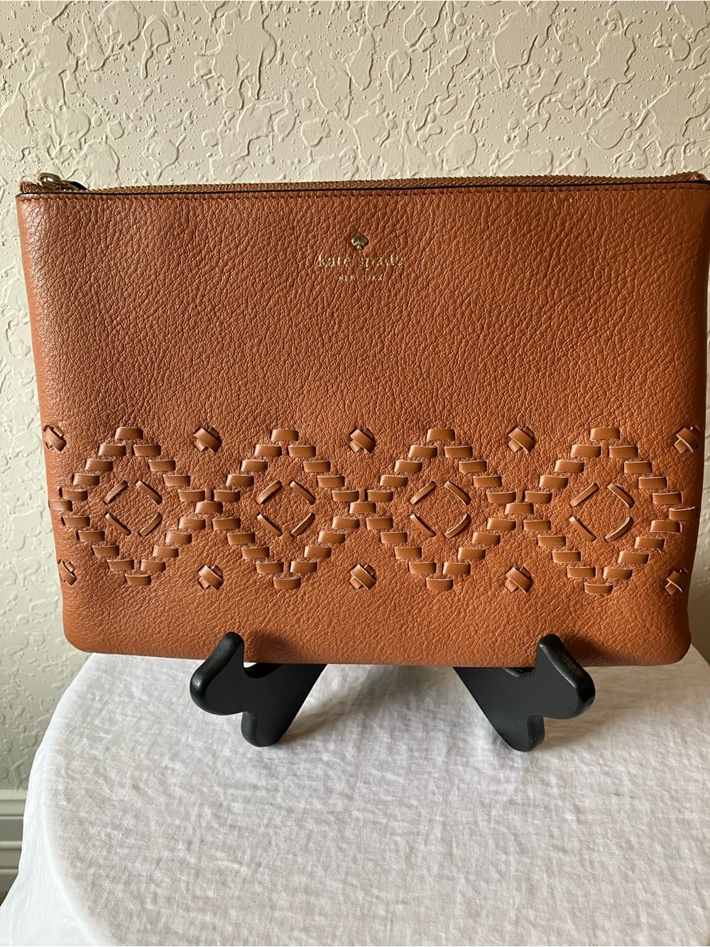 kate spade: Flynn Street Gia Cognac Woven Leather Zip Pouch/Clutch- Gold Tone